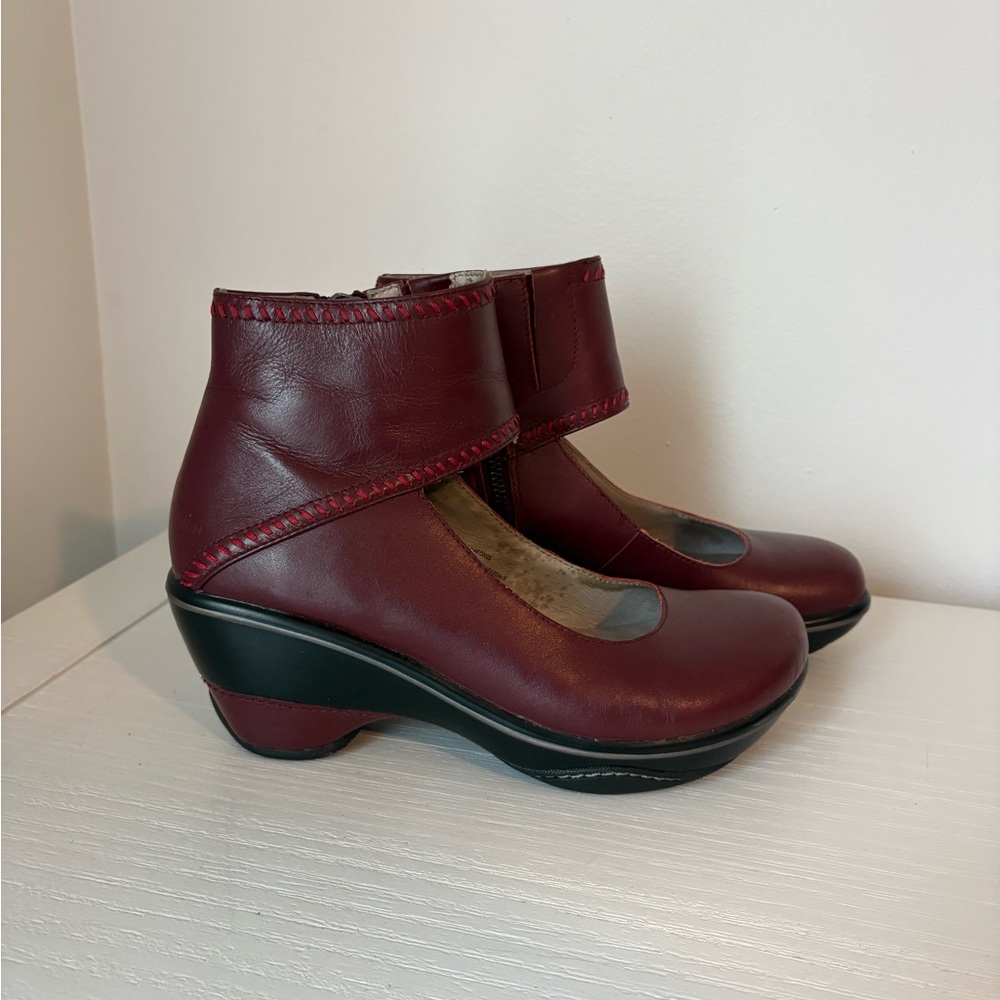 Jambu Burgundy Leather Ankle Strap Wedge Shoes